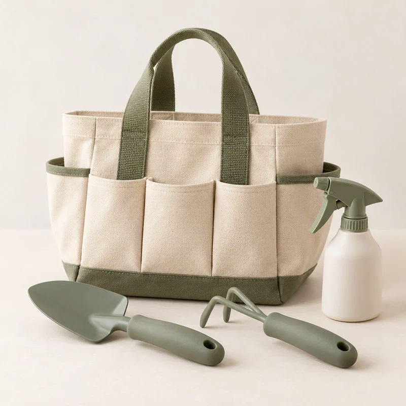 AI-generated unbranded gardening-tool concept; not the actual Melissa & Doug Pretty Petals Tote Set