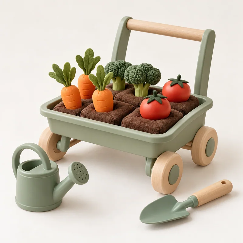 AI-generated unbranded gardening-tool concept; not the actual Melissa & Doug Let’s Explore Vegetable Gardening Play Set
