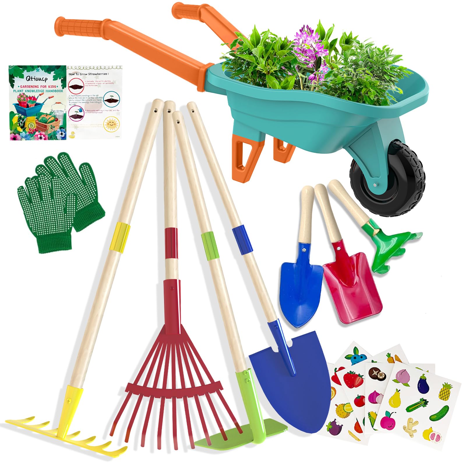 Qtioucp green kids gardening set with wheelbarrow and garden tools